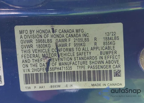 2023 Honda Civic Si Sedan z USA, uszkodzony, nr VIN 2HGFE1E56PH471535
